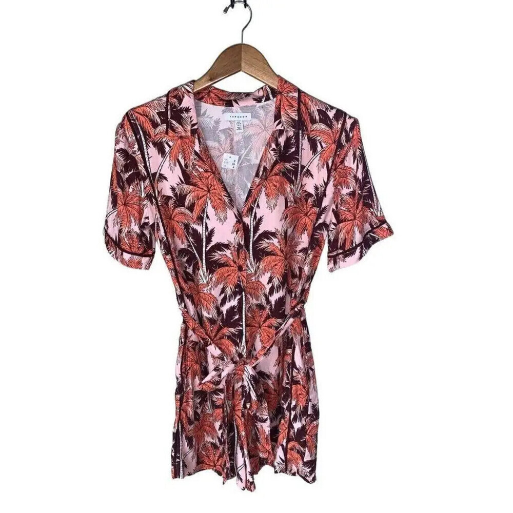 Topshop Women' Pink Tropical Bowling Romper Short Sleeve V Neck Tie size 8
